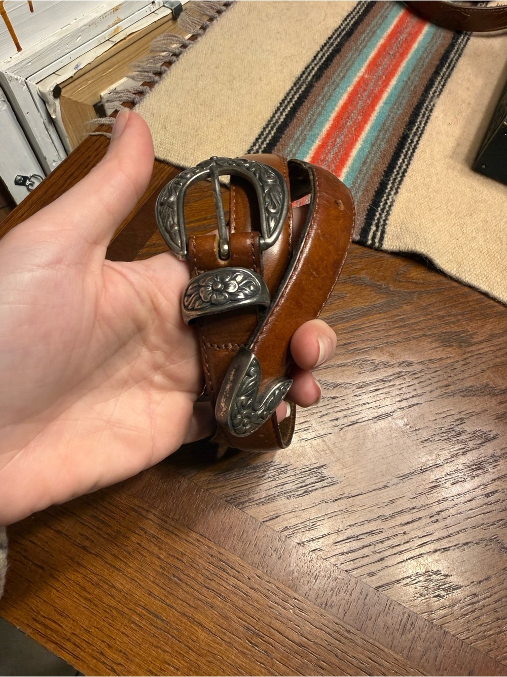 Brown Genuine Leather Belt with Decorative Silver Buckle